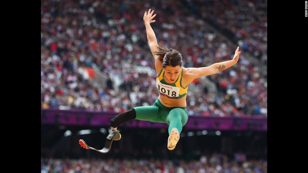 Kelly Cartwright of Australia competes in the women&#39;s long jump F42/44 final at Olympic Stadium.