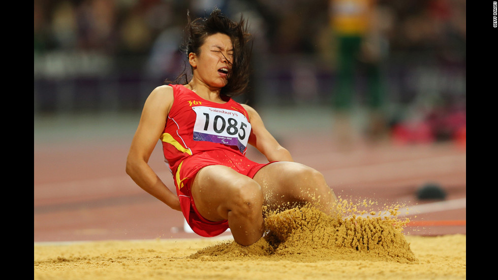 Jingling Ouyang of China competes in the women&#39;s long jump F46 final. Ouyang won the bronze medal.