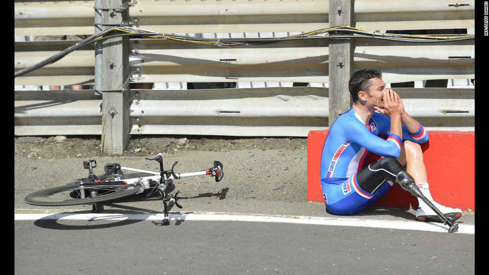 Czech Republic&#39;s Jiri Jezek reacts after winning the gold medal in the men&#39;s individual C4 time trial cycling final on Wednesday, September 5, at the London 2012 Paralympics in London.