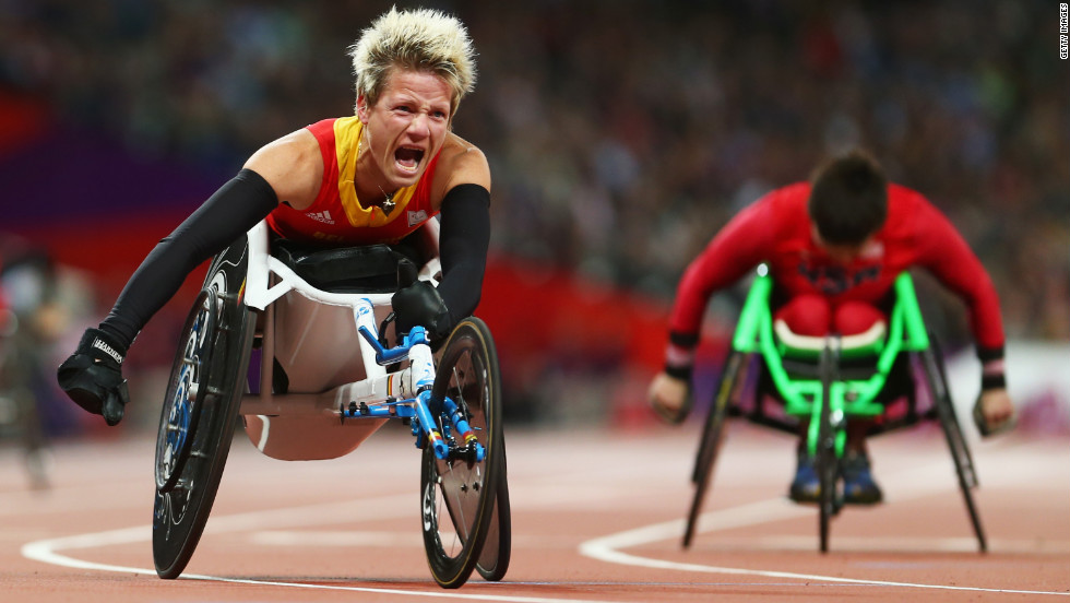 Marieke Vervoort of Belgium reacts as she wins gold in the women&#39;s 100-meter T52 final on Day 7 of the London 2012 Paralympics on Thursday.