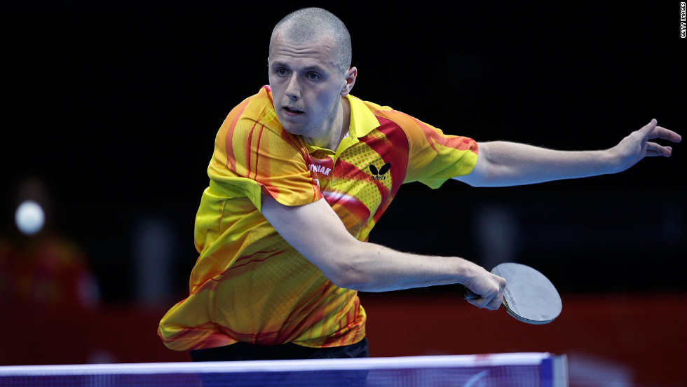 Poland&#39;s Sebastian Powrozniak competes in the men&#39;s team table tennis Class 9-10 on Friday. 