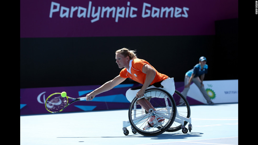 Esther Vergeer of the Netherlands plays a forehand in the final of the women&#39;s singles match in wheelchair tennis Friday.