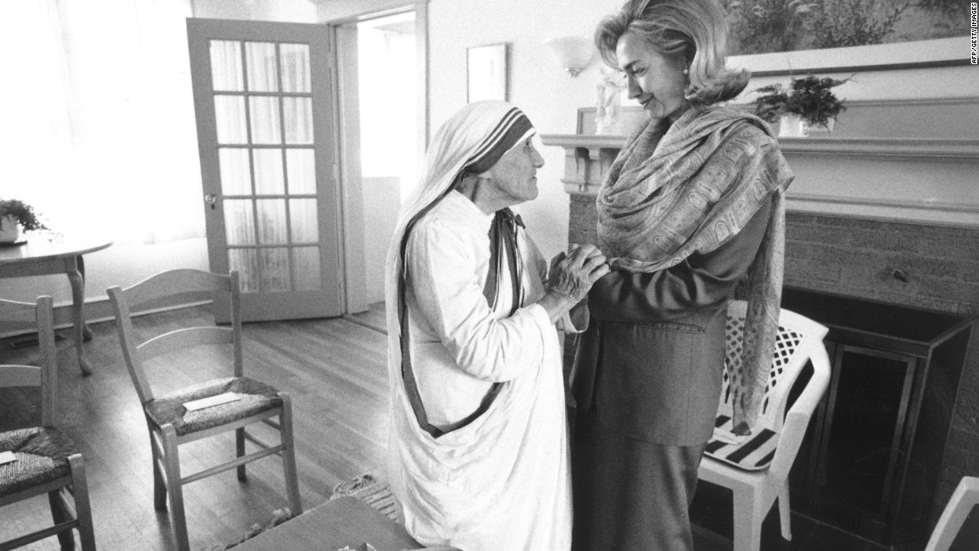 First lady Hillary Rodham Clinton meets with Mother Teresa at the opening of the Mother Teresa Home for Infant Children on June 19, 1995, in Washington.