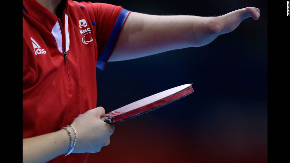 Audrey Le Morvan of France prepares to serve against Poland in the women&#39;s team table tennis bronze medal match on Saturday.