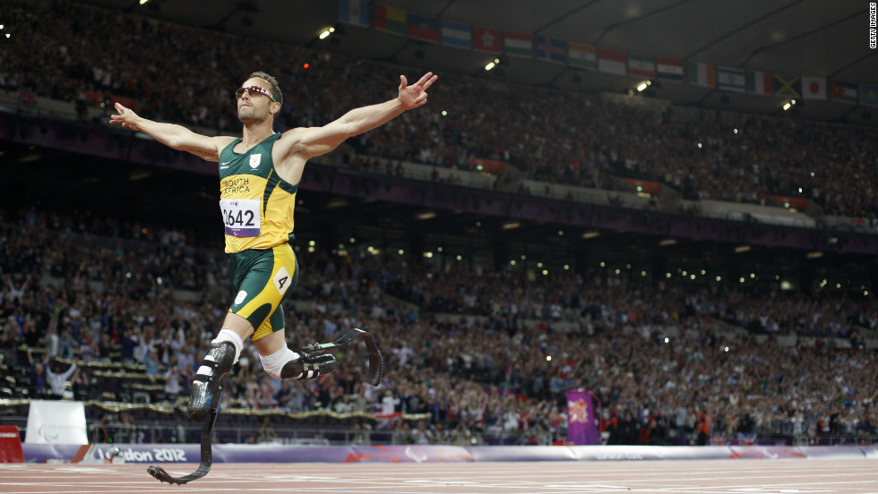 South Africa&#39;s Oscar Pistorius, also known as the &quot;Blade Runner,&quot; crosses the line to win gold in the men&#39;s 400-meter T44 final. Pistorius also competed in the London Olympics.
