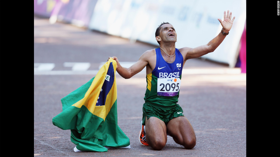 Tito Sena of Brazil celebrates winning the men&#39;s T46 marathon on Sunday, September 9, the final day of the London 2012 Paralympics.