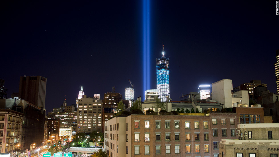 New York City&#39;s &quot;Tribute In Light,&quot; a memorial to the victims of the 9/11 attacks, shines from One World Trade into the sky over Manhattan on Monday, September 10, as they are tested for ceremonies marking the 11th anniversary. 