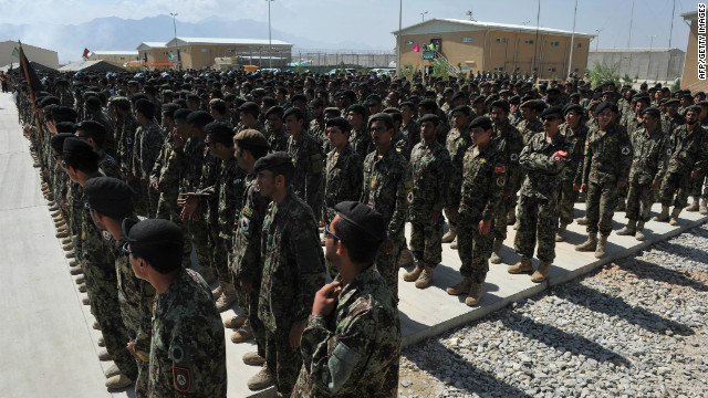 Afghan National Army (ANA) soldiers stand in formation at the US airbase in Bagram north of Kabul on September 10, 2012.