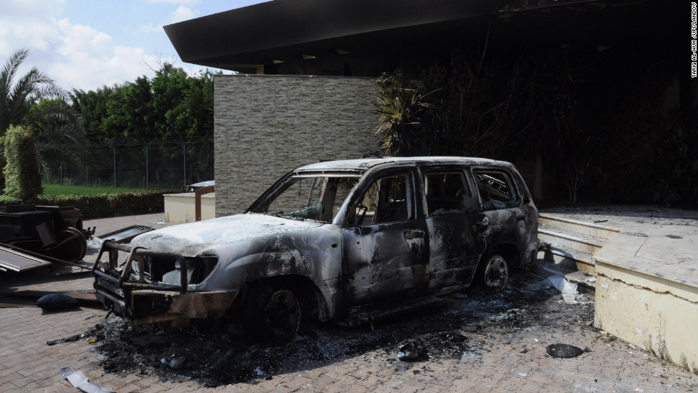 A burnt vehicle is seen at the U.S. mission in Benghazi on September 12. 