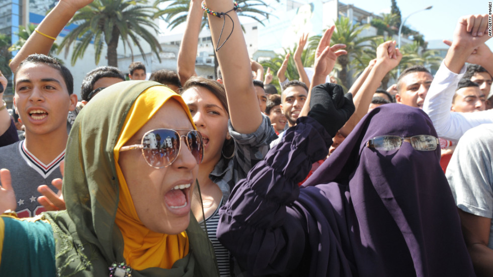 Moroccan women gather near the U.S. Embassy in Casablanca on Wednesday.