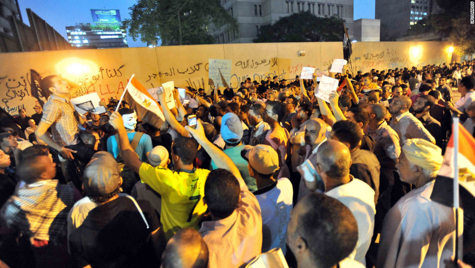 Egyptians shout slogans during a protest in front of the U.S. Embassy in Cairo.