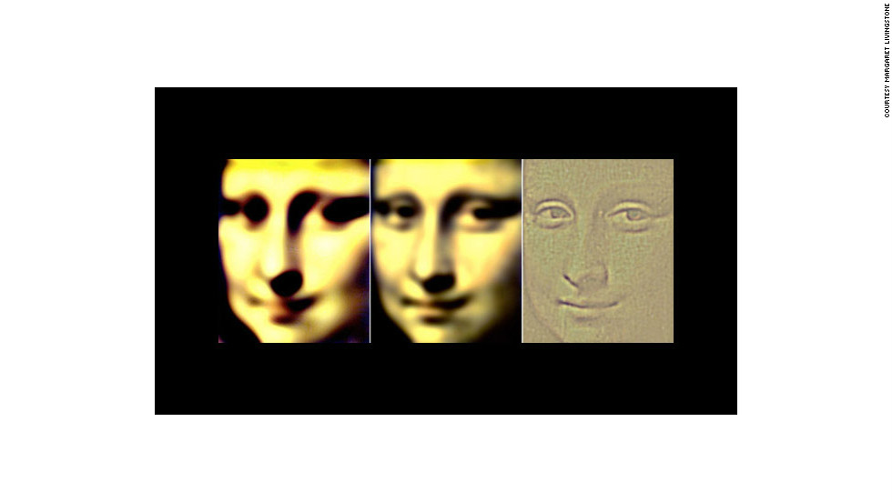 This is a simulation by Margaret Livingstone of what you perceive when you view the &quot;Mona Lisa&quot; in your peripheral vision, on the left and middle, and straight-on. Note how the smile changes. 