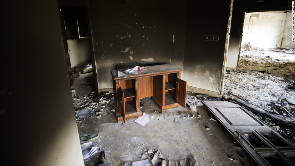 A desk sits inside the burnt U.S. mission on September 13, two days after the attack.