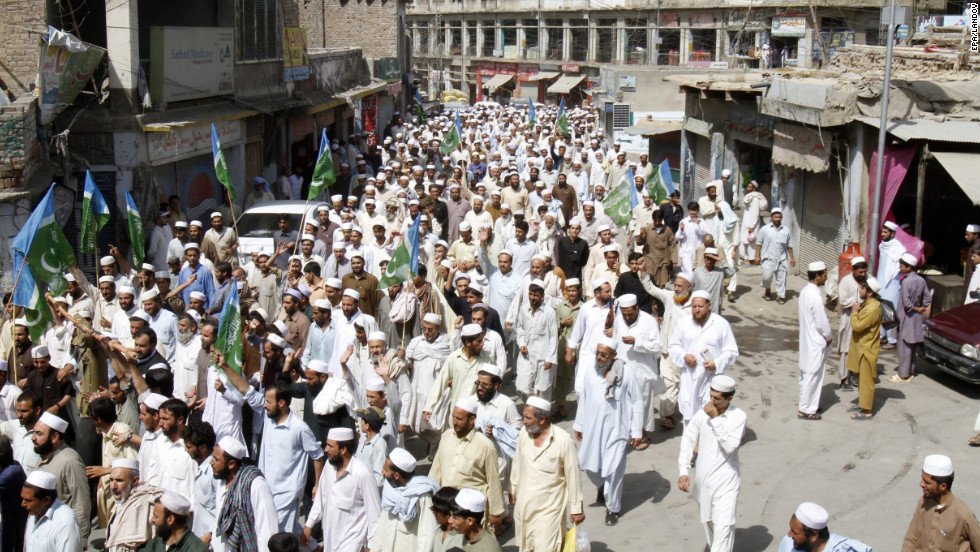 Supporters of Islamic political party Jamaat-e-Islami shout slogans during a protest in Khyber Agency on Saturday.