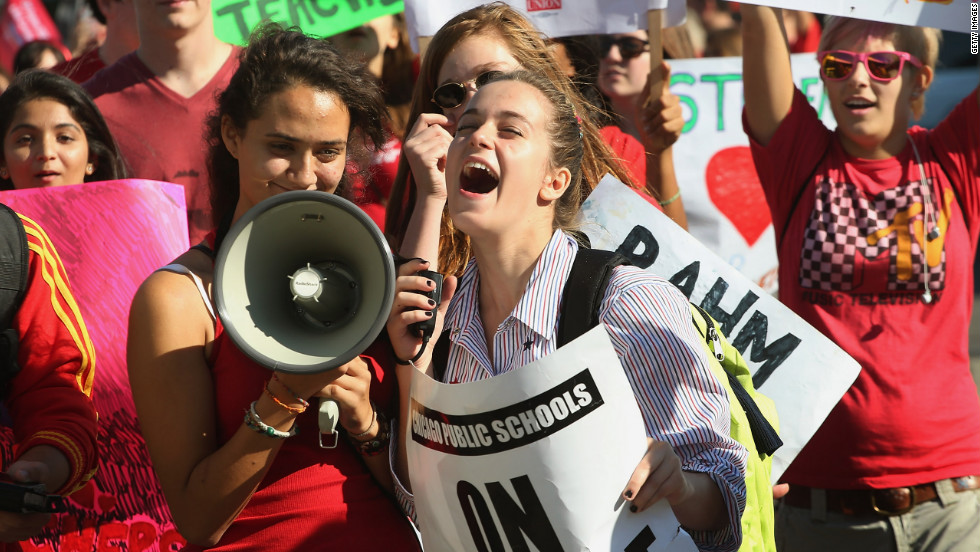 Students picket with Chicago teachers outside Lane Tech College Prep High School on Tuesday, September 11.