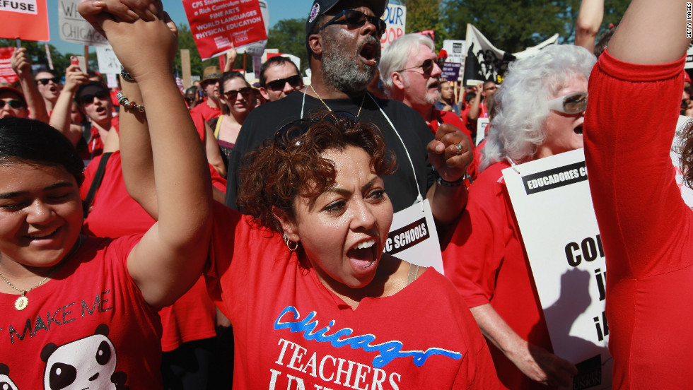 Chicago teachers and their supporters attend a rally at Union Park on Saturday, September 15. An estimated 25,000 people gathered in the park in a show of solidarity.