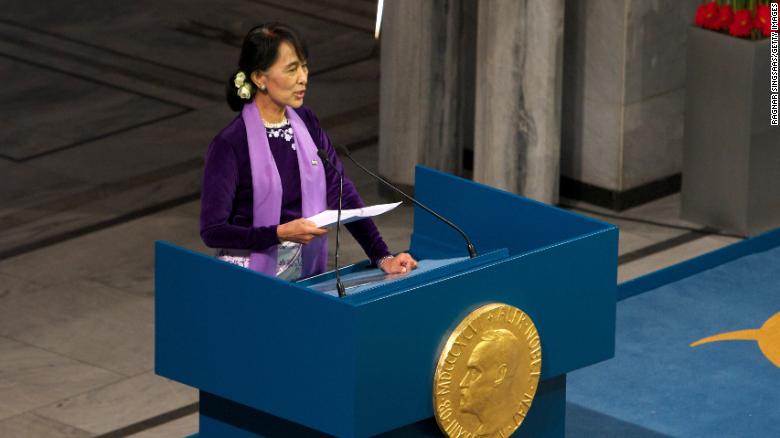 Suu Kyi speaks during a Nobel lecture in Oslo, Norway, in 2015. She was finally able to receive the Nobel Peace Prize that she won while she was under house arrest in 1991.