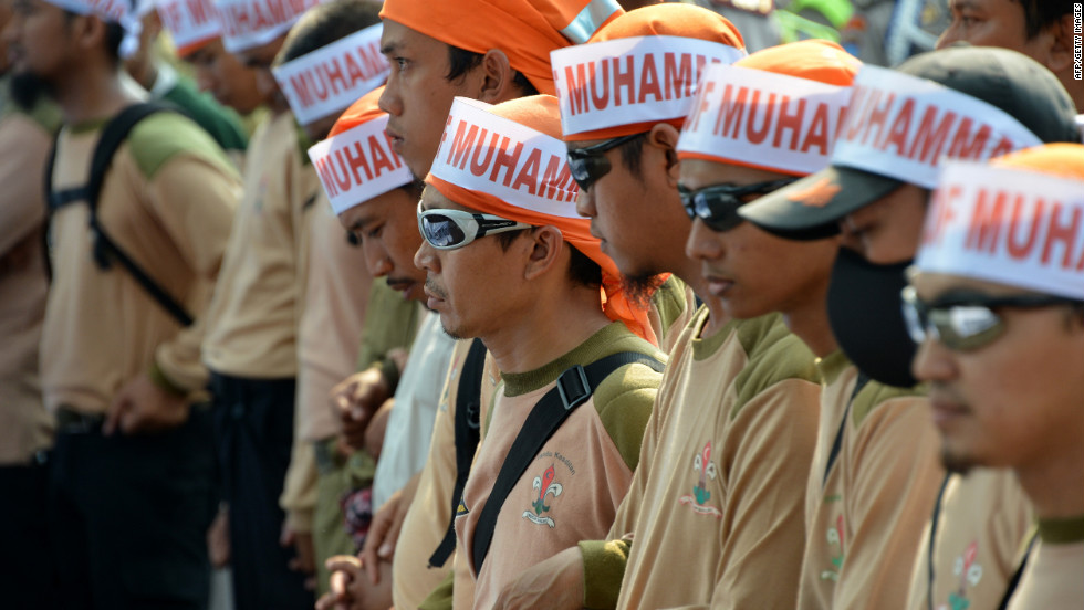 Members of Justice and Prosperous Party attend a protest outside the U.S. Embassy in Jakarta, Indonesia, on Wednesday.