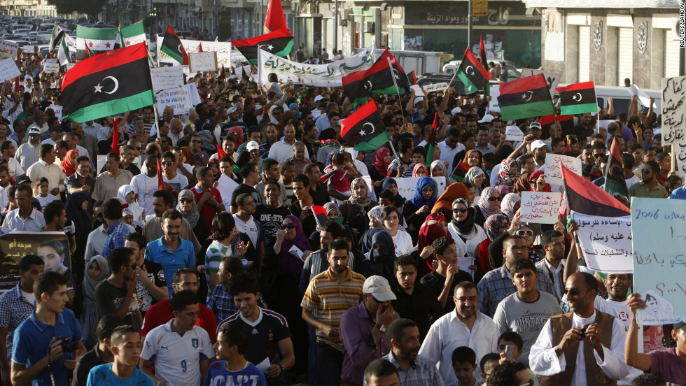 Protesters take part in a march in Benghazi, Libya, on Friday. The march was in support of democracy and against the Islamist militias that Washington blames for an attack on the U.S. consulate last week that killed four Americans including the ambassador. 