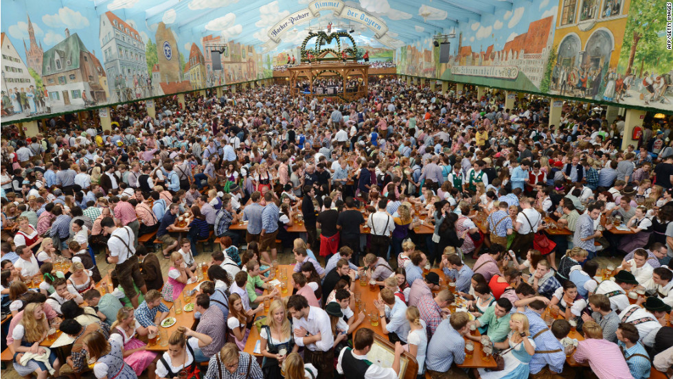Revelers fill an Oktoberfest tent at the Theresienwiese festival grounds on Sunday, September 23.