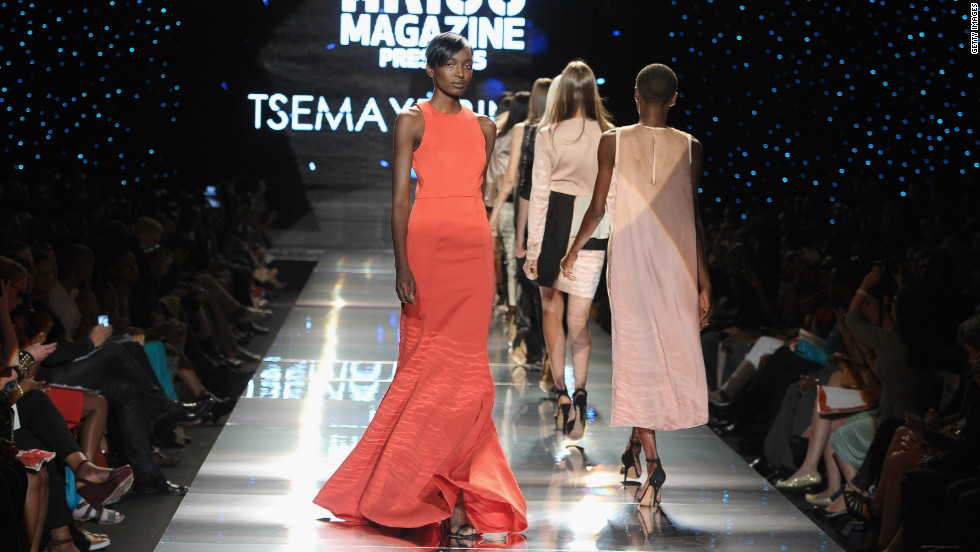 Tsemaye Binite&#39;s show was dominated by &quot;marl grey jersey tracksuits with silver embossed branding, leather bomber jackets worn with denim shorts, flesh-toned panelled illusion dresses and a floor-sweeping, blood-red evening gown,&quot; Jennings said. 