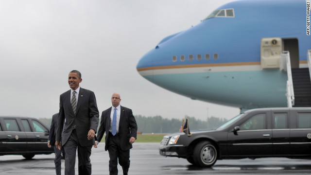 President Barack Obama exits Air Force One in Ohio Wednesday after an initial landing attempt was aborted.
