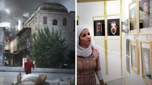 Two images taken in the same week in the center of Aleppo. On the left is a burning building in the old city on September 22; on the right is the opening of Aleppo Photo Festival at Le Pont Gallery on September 15.