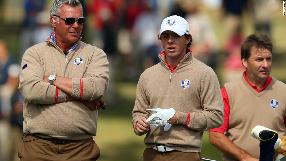 McIlroy talks with vice captain Darren Clarke during the final preview day Thursday.