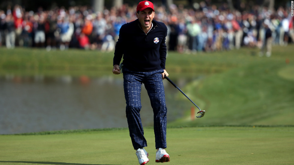 Keegan Bradley celebrates on the 15th green after he made birdie to defeat the team of Donald and Garcia during the Morning Foursome matches on Friday.