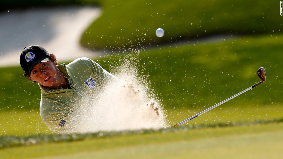 Rory McIlroy of Europe hits a shot onto the green on Friday.