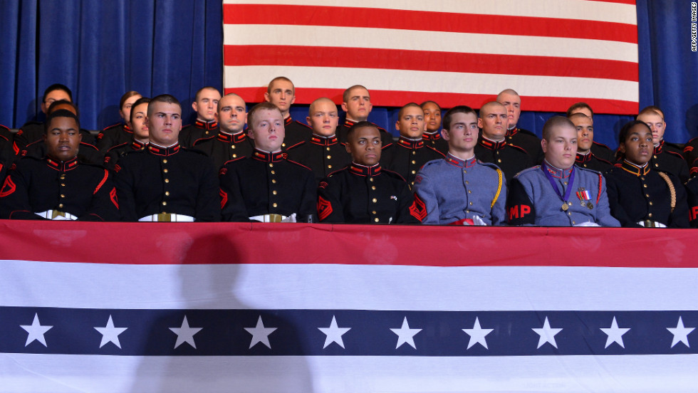 Cadets listen to Romney speak at a campaign rally Friday at the Valley Forge Military Academy and College in Wayne, Pennsylvania.