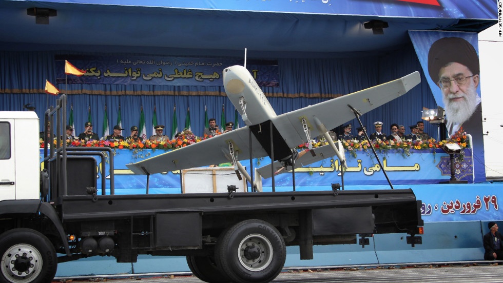 An Iranian-made drone is displayed during the Army Day celebrations in Tehran on April 18, 2010. 