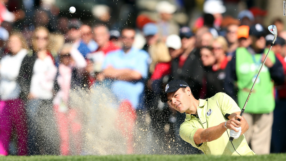 Martin Kaymer plays a bunker shot on the third hole during the afternoon four-ball matches on Friday.