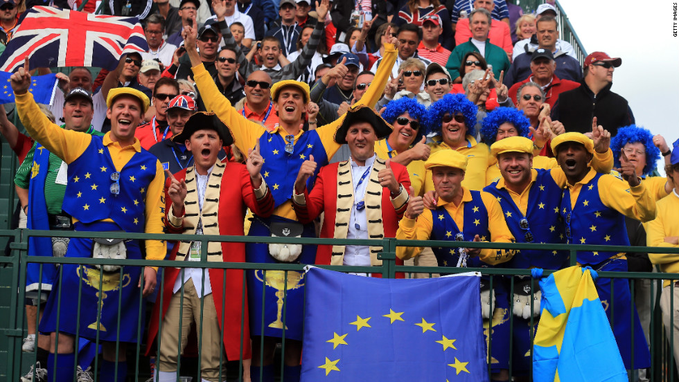 European fans get into the spirit during the afternoon four-ball matches on Friday.