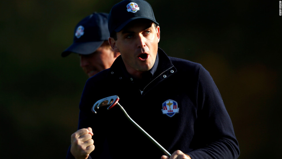Keegan Bradley of the USA reacts after putting on the fifth green on Saturday.