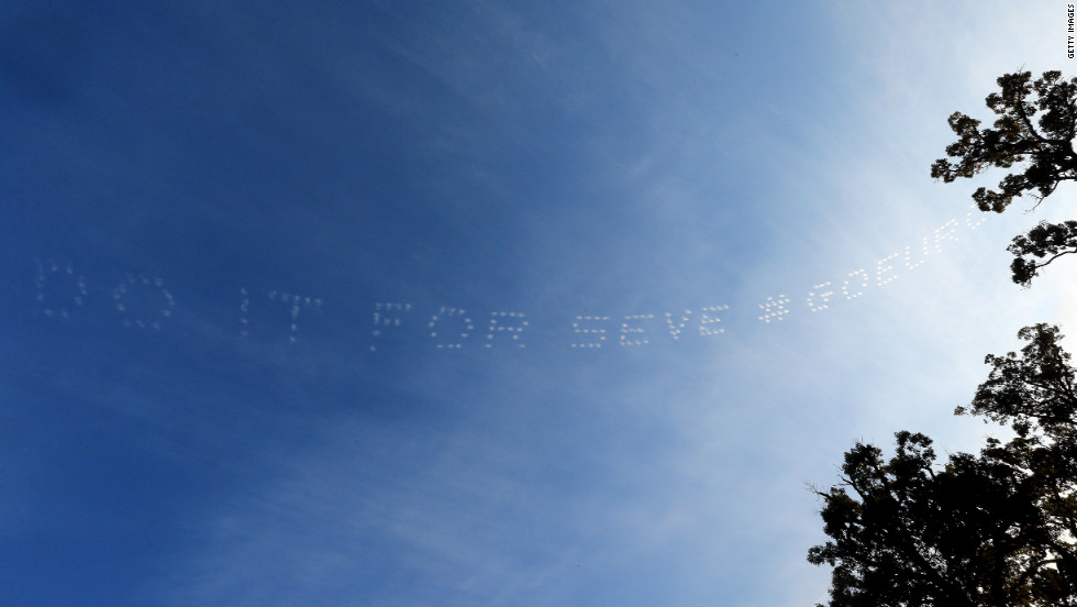 A message is written in the sky in remembrance of Spanish golf legend Seve Ballesteros, who died of brain cancer last year, during day two of the competition.