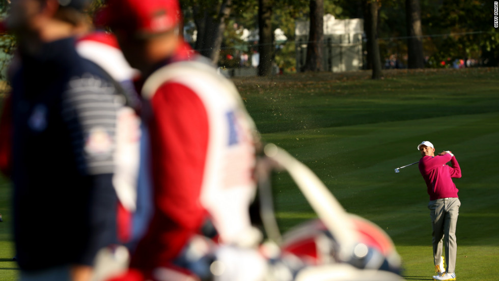 Sergio Garcia of Europe hits the second shot on the third hole on Saturday.