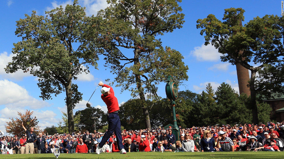 Keegan Bradley of the United States hits his tee shot on the first hole Sunday.