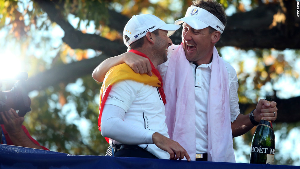 Europe&#39;s Sergio Garcia, left, and Ian Poulter celebrate Sunday.