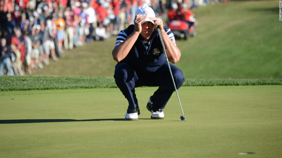 Steve Stricker of the United States lines up a putt on the 16th green during a match Sunday against Martin Kaymer of Germany.