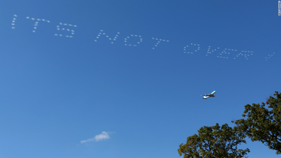 A message of support for Team Europe is written in the sky during the Sunday&#39;s single matches. The United States started the day with a seemingly insurmountable 10-6 lead.