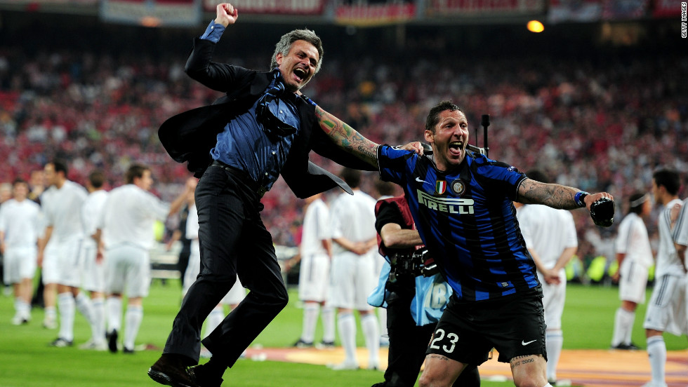 Mourinho jumps for joy after leading Inter Milan to victory in the 2010 Champions League final against Bayern Munich. It was the second time he had won the competiton after leading Porto to the title back in 2004.