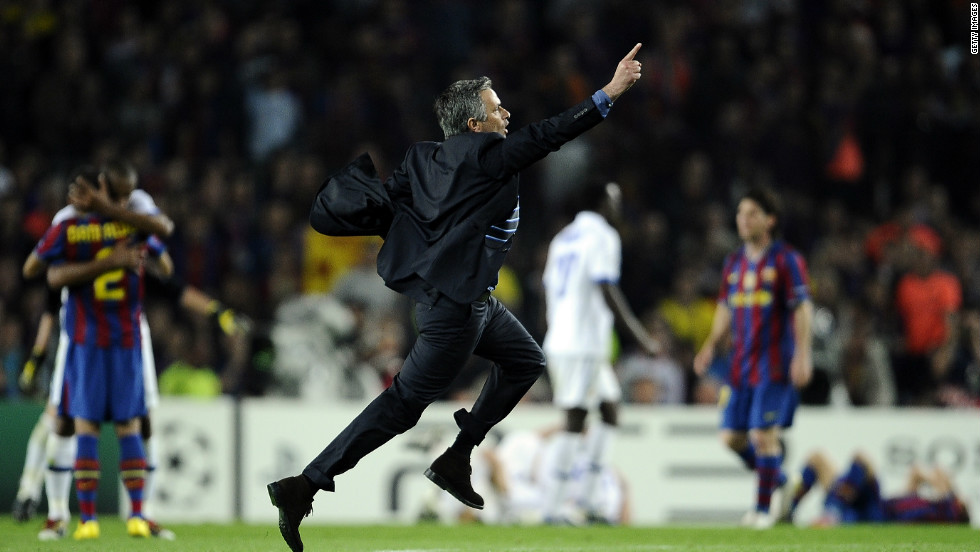 Mourinho sprinted on to the field at the Camp Nou following his Inter side&#39;s aggregate victory over Barcelona in the 2010 Champions League semifinal. The Portuguese coach had started his career at the Catalan club as translator to the late Sir Bobby Robson.