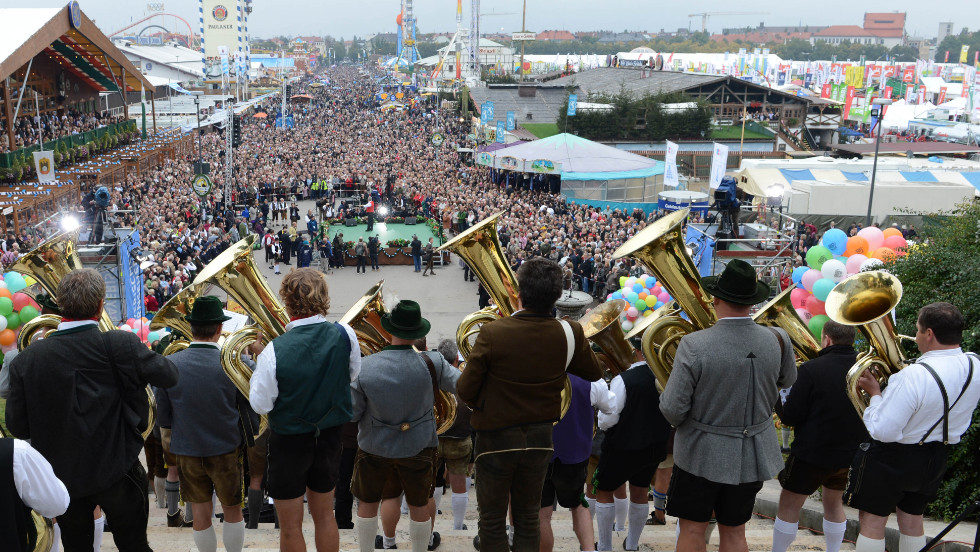 Musicians perform in front of the Bavaria statue during the Oktoberfest concert in Munich on Sunday, September 30.