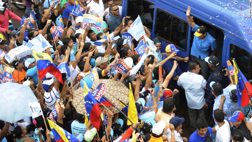 Capriles arrives for a campaign rally in Puerto Ayacucho on Monday.