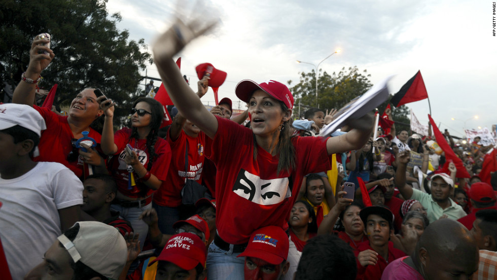 Supporters of Venezuela&#39;s current president cheer during a campaign rally in Barquisimeto on Tuesday.