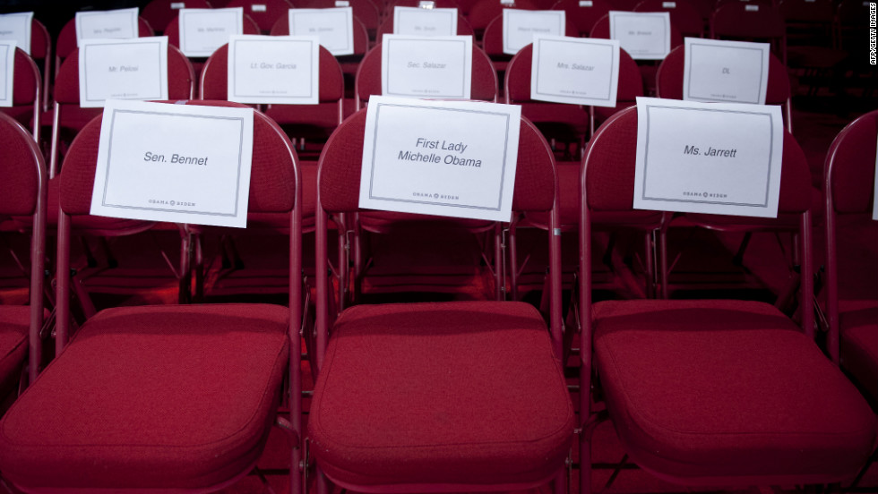 A seat is assigned to first lady Michelle Obama prior to Wednesday&#39;s debate.