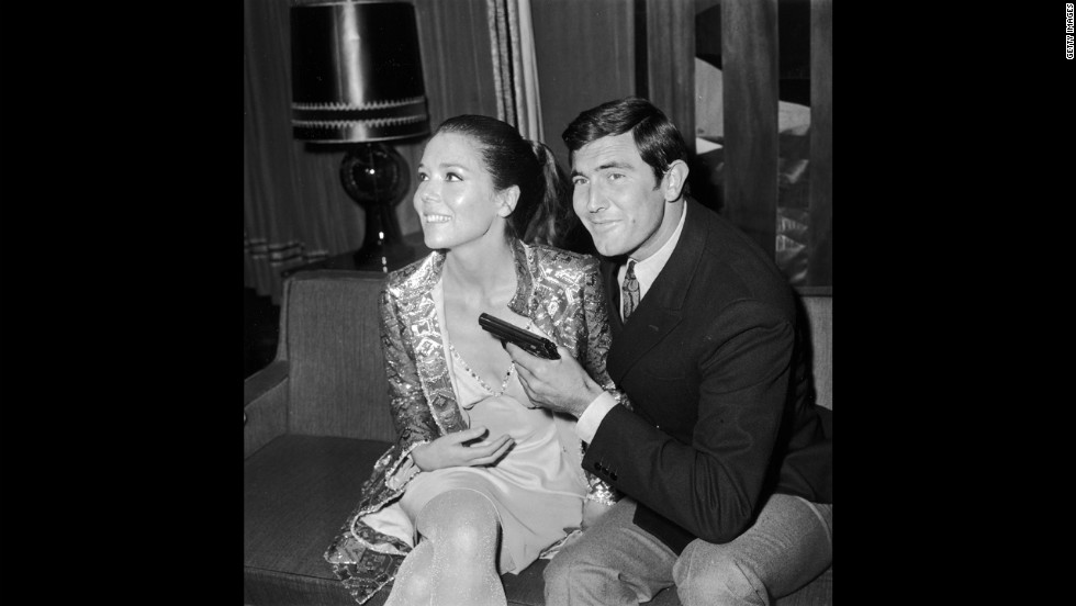 George Lazenby, who played James Bond, and Rigg, who played Teresa di Vicenzo, during a news conference for &quot;On Her Majesty&#39;s Secret Service&quot; in London, in October 1968. 