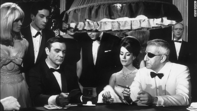 A scene from the James Bond film &#39;Thunderball&#39; with Sean Connery, Claudine Auger, as Domino Derval, and Adolfo Celi playing Emilio Largo. 