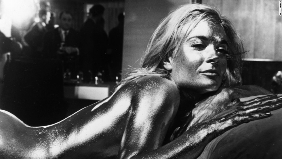 English actress Shirley Eaton covered in gold in the James Bond film &quot;Goldfinger,&quot; directed by Guy Hamilton and starring Sean Connery.  